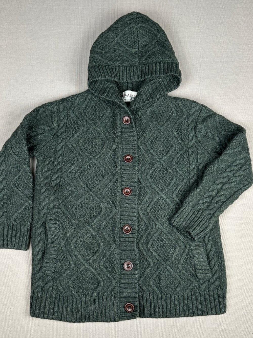 Blarney Aran Originals Hooded Cardigan 100% Merino Wool Green Irish Sweater S